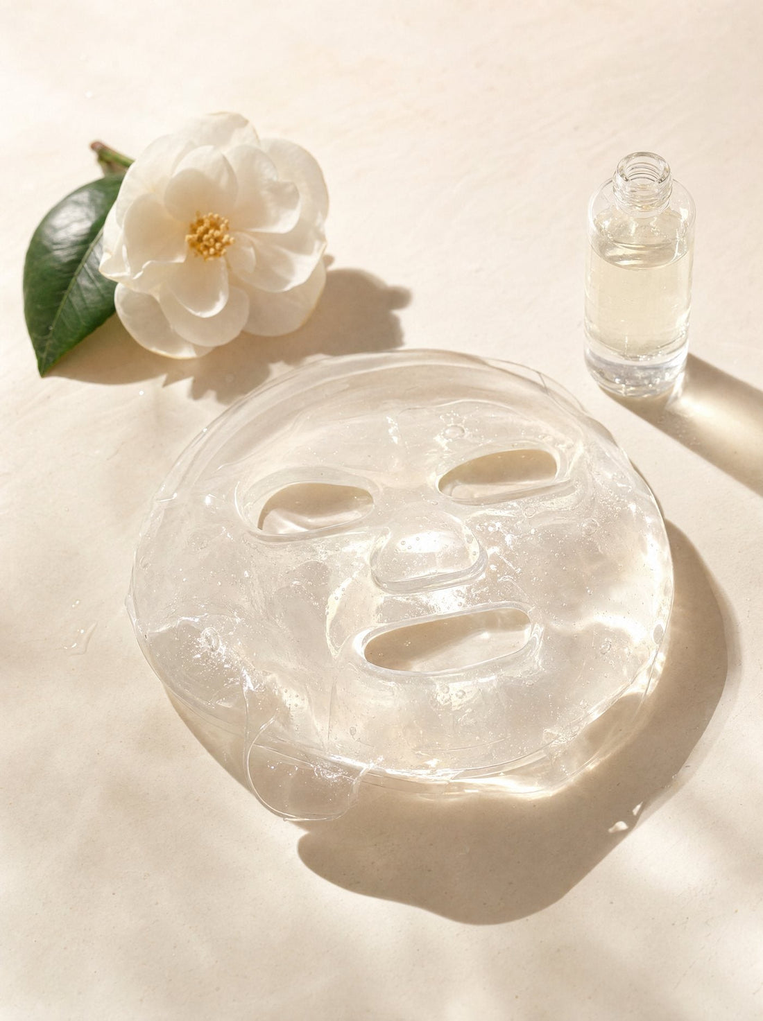 Máscara facial de hidrogel transparente sobre superfície clara.