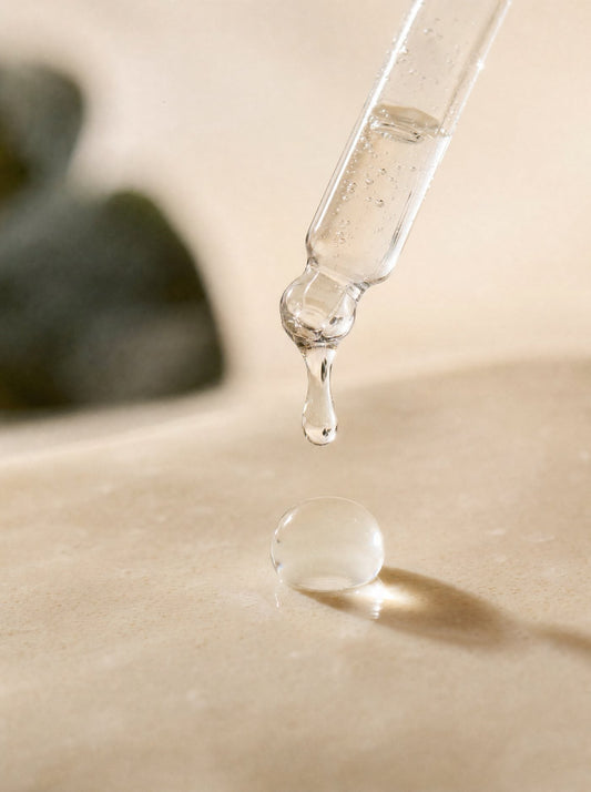 Conta-gotas de vidro liberando uma gota transparente.