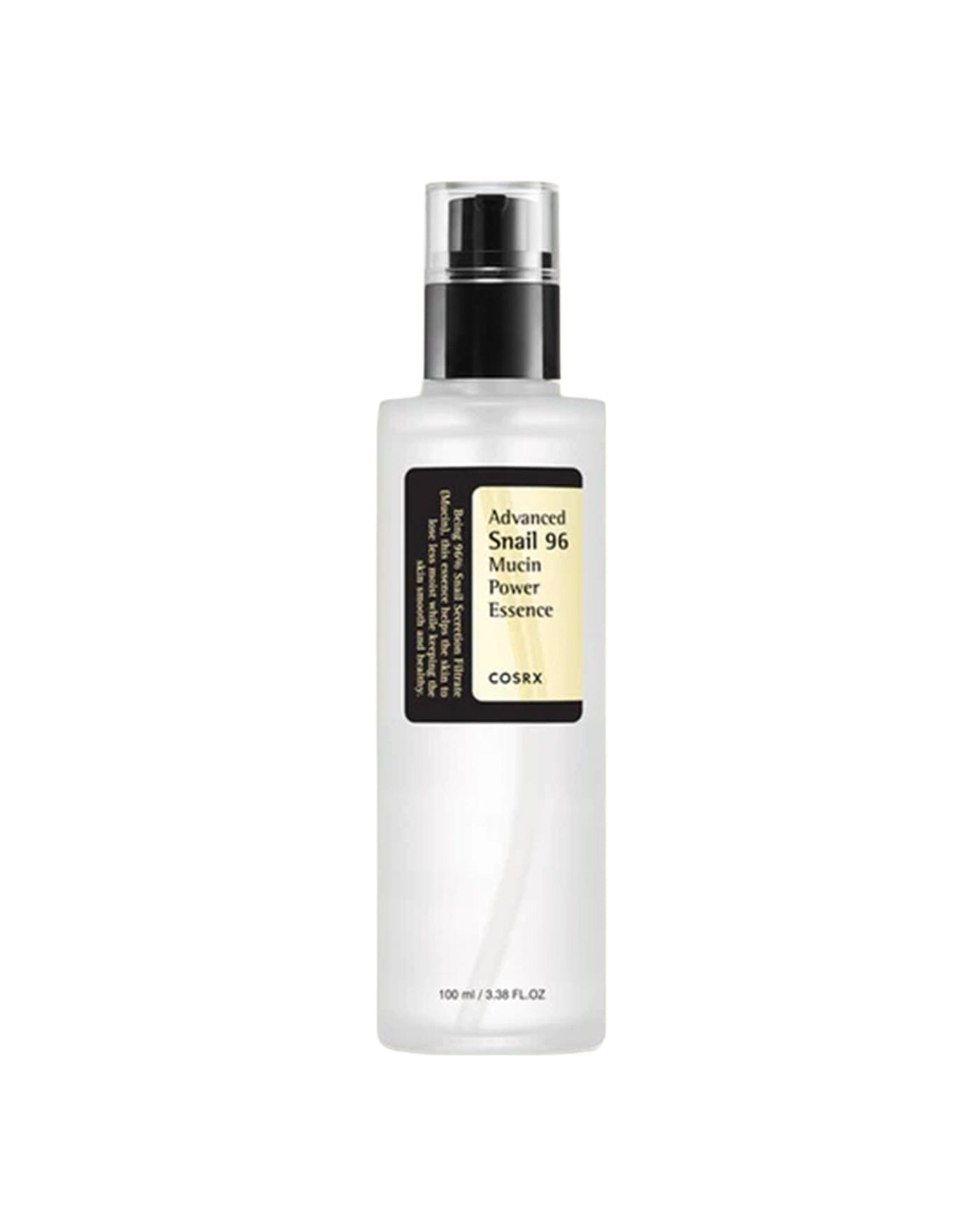 Frasco com valvula pump da essencia COSRX Advanced Snail 96 Mucin Power Essence de 100 ml, sobre fundo branco