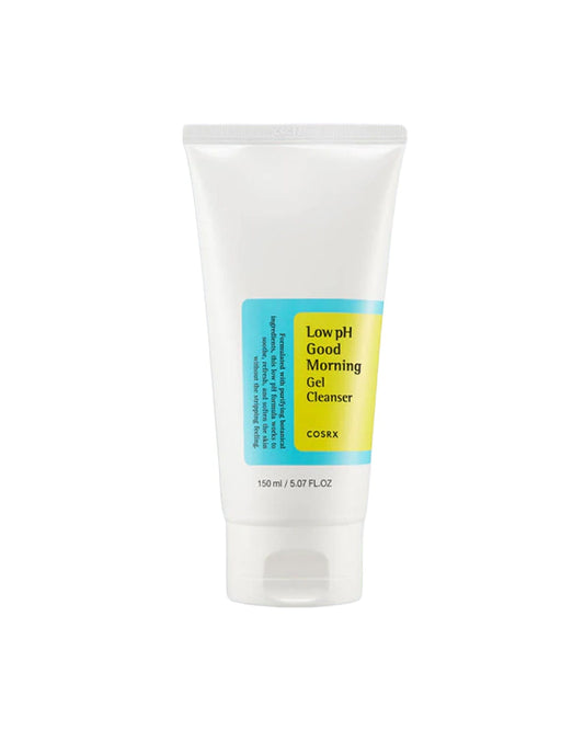 Bisnaga branca do gel de limpeza COSRX Low pH Good Morning Gel Cleanser de 150 ml, sobre fundo branco