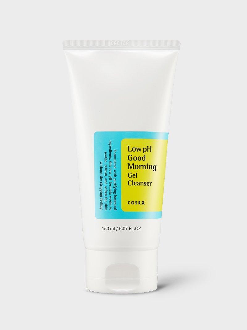 Bisnaga branca do gel de limpeza COSRX Low pH Good Morning Gel Cleanser de 150 ml, sobre fundo cinza claro