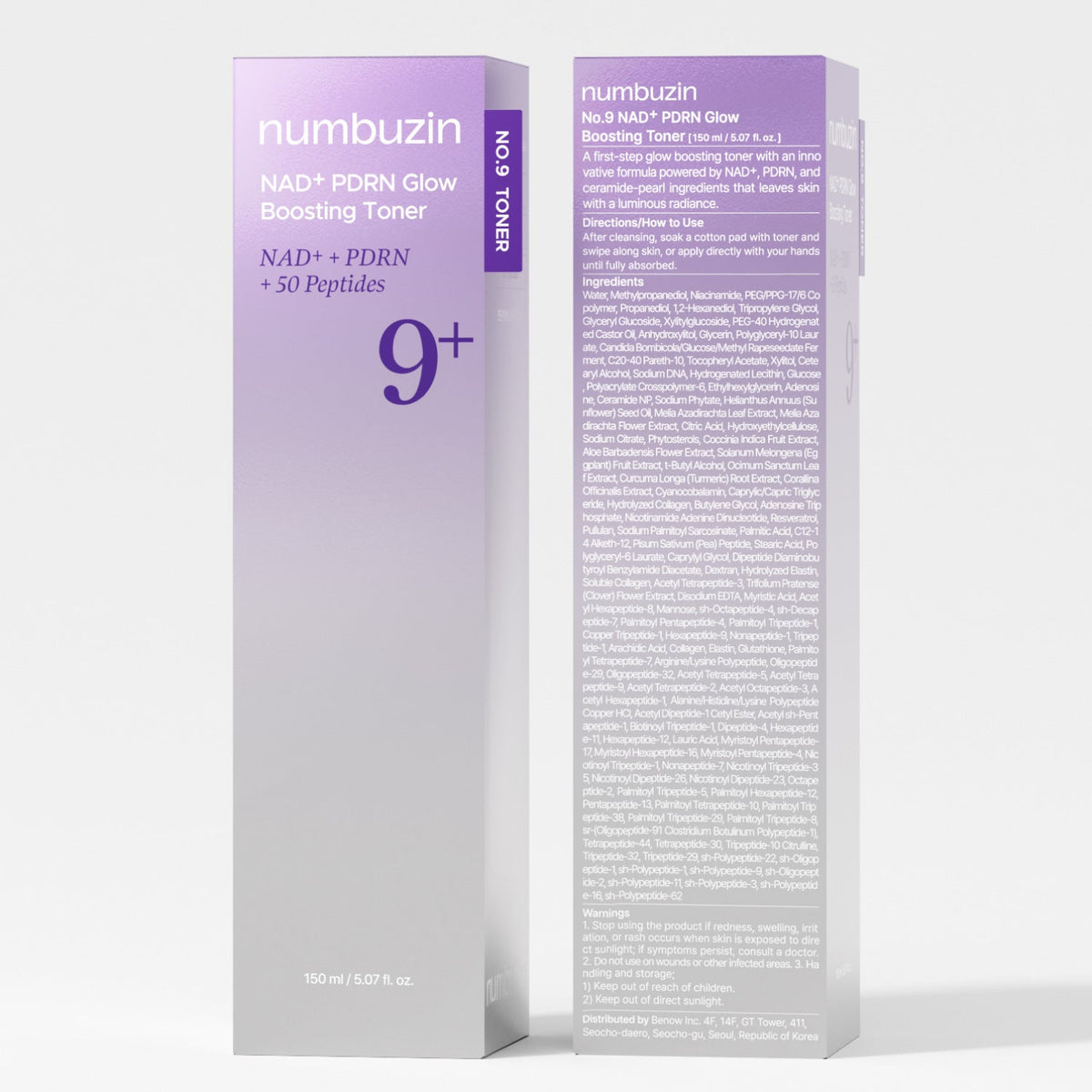 Frente e verso da caixa do tonico facial numbuzin No.9 de 150 ml