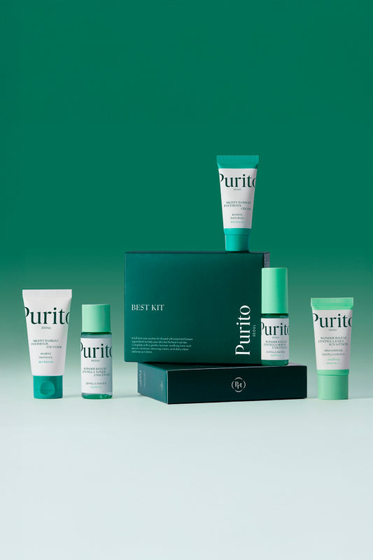 Caixa verde do Purito Seoul Best Kit com as cinco miniaturas dispostas ao redor