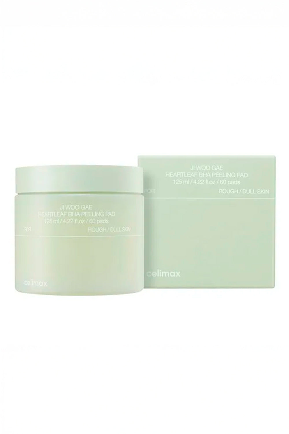 Pote verde e caixa do Celimax Ji Woo Gae Heartleaf BHA Peeling Pad lado a lado, fundo branco.