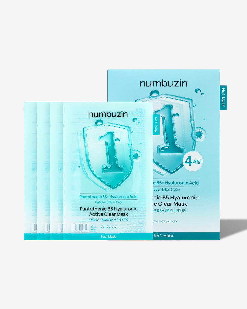 Caixa e quatro saches da mascara facial de tecido da linha No.1 da numbuzin, embalagem azul clara, fundo cinza claro.