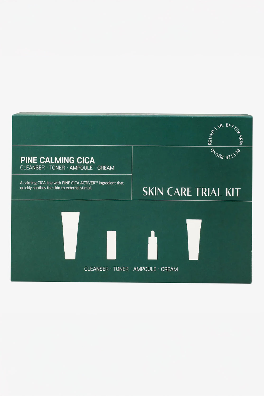 Caixa verde do kit Round Lab Pine Calming Cica, vista frontal, fundo branco.