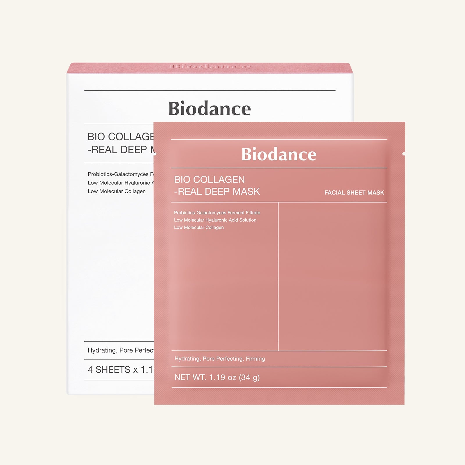 Caixa branca e sache rosa da mascara facial Biodance Bio Collagen Real Deep Mask, fundo bege claro, rotulo visivel.