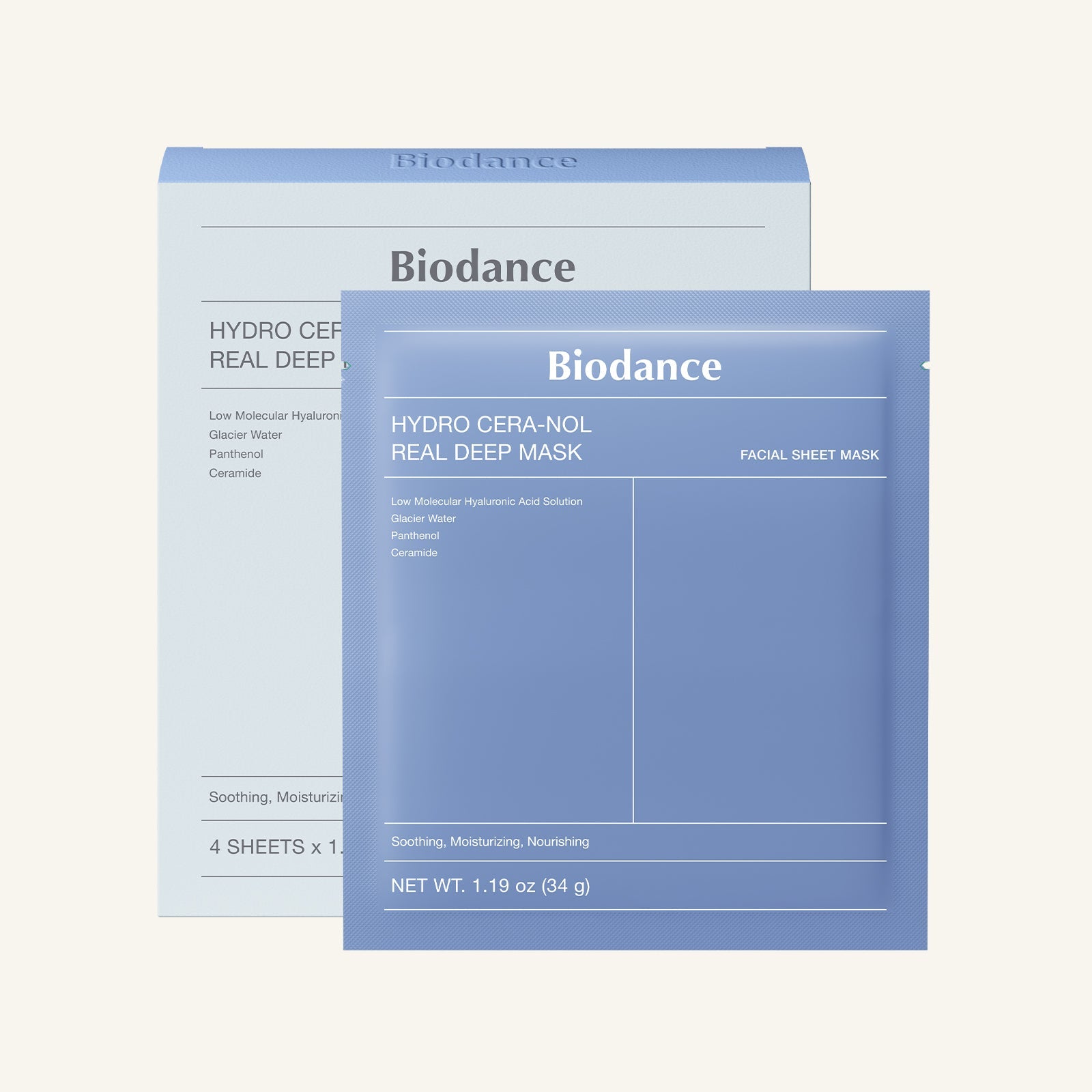Caixa branca e sache azul da mascara facial Biodance Hydro Cera-nol Real Deep Mask, fundo bege claro, rotulo visivel.